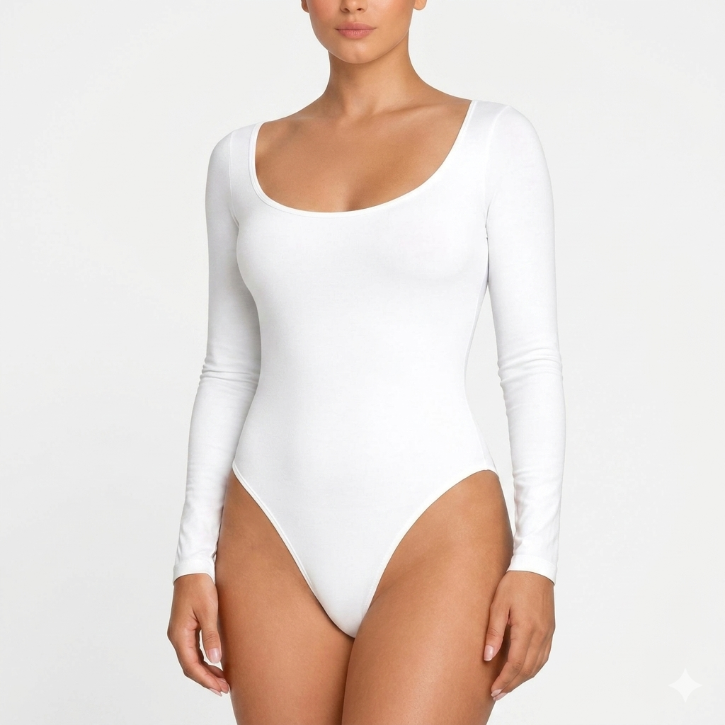 Women's Scoop Neck Thong Bodysuit, Long Sleeve, Fitted Style, Stretchy Material for Going Out