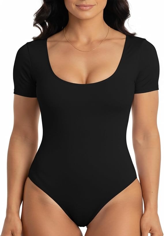 XFit Women's Short Sleeve Thong Bodysuit, Stretchy Scoop Neck T-Shirt Style, Basic Body Suit Top