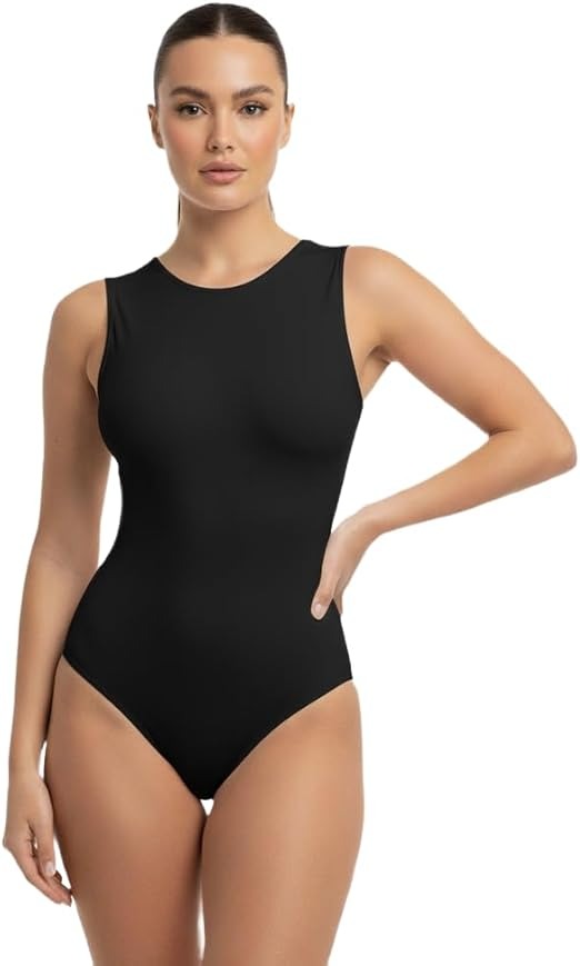 Women's Crew Neck Sleeveless Thong Bodysuit Racerback Tank Style Leotard for Going Out