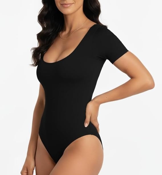 XFit Women's Short Sleeve Thong Bodysuit, Stretchy Scoop Neck T-Shirt Style, Basic Body Suit Top
