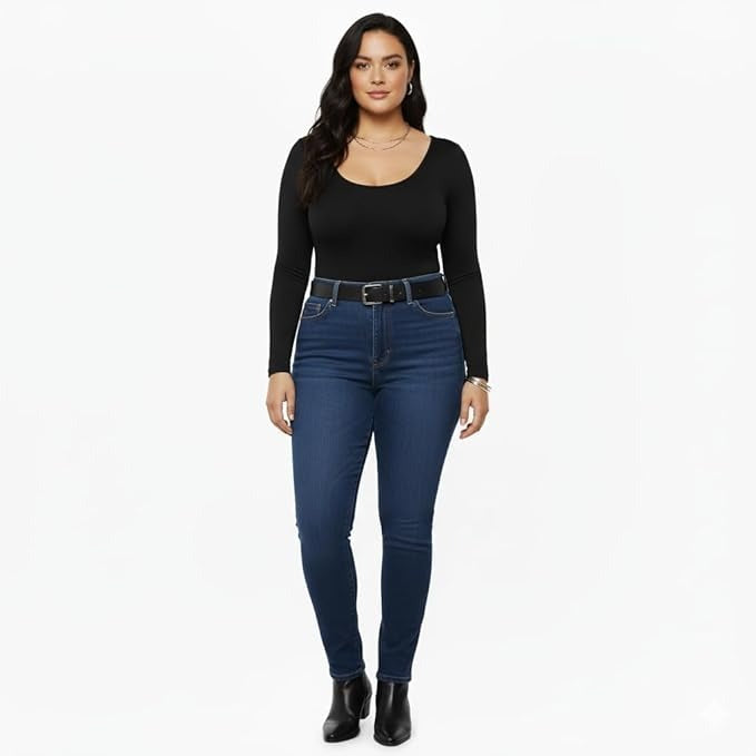 Women's Scoop Neck Thong Bodysuit, Long Sleeve, Fitted Style, Stretchy Material for Going Out