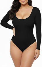 Women's Scoop Neck Thong Bodysuit, Long Sleeve, Fitted Style, Stretchy Material for Going Out